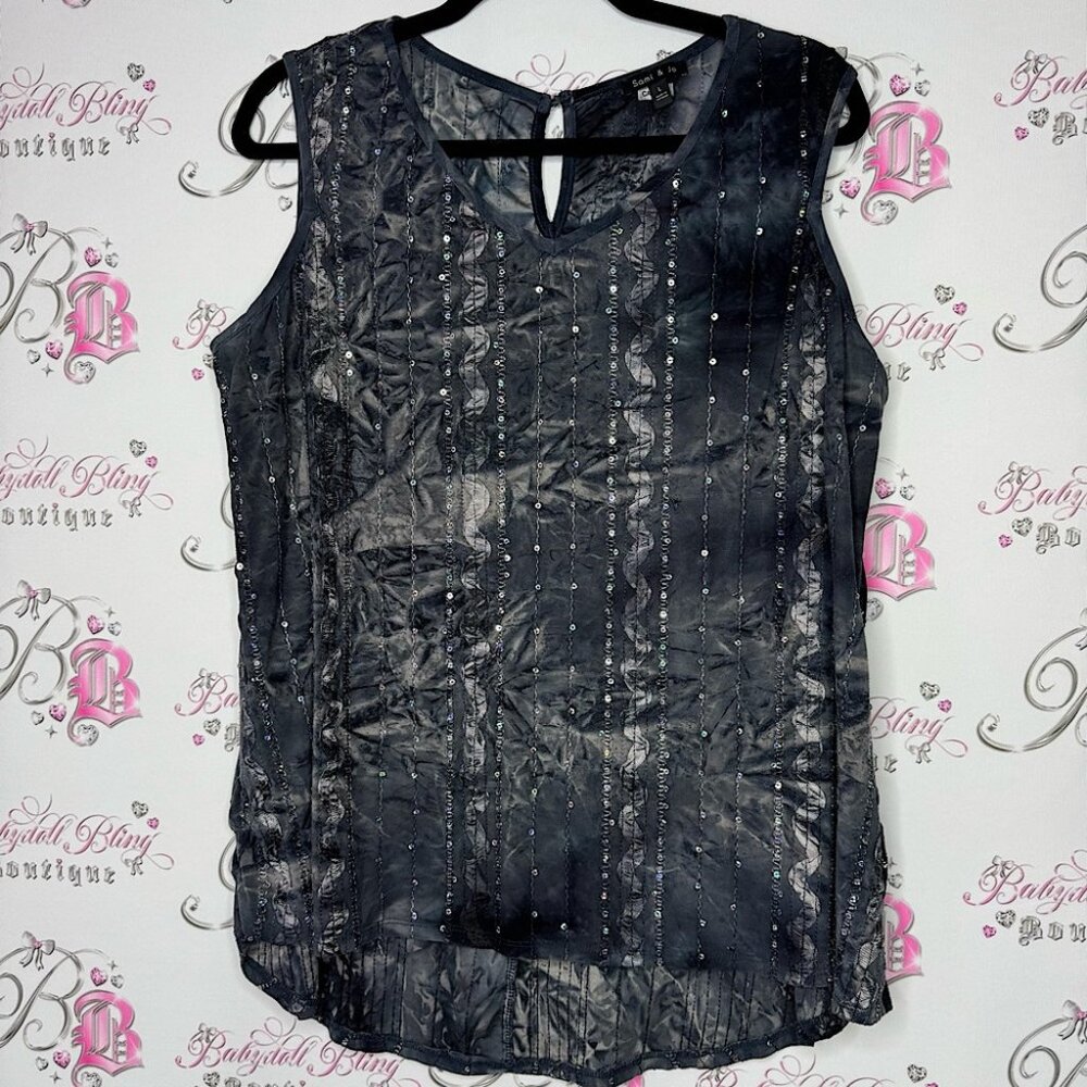 Sami & Jo tank top holographic sequins tie dye dark blue black grey sparkly tank